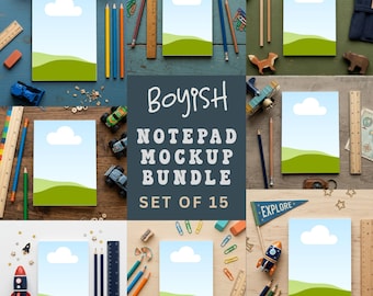 Boy Notepad Mockup Bundle, 5x7 Notepad Mockups, Canva Notepad Mockup Bundle, Kids Stationery Mockup, Personalized Notepad Mockup, Set of 15