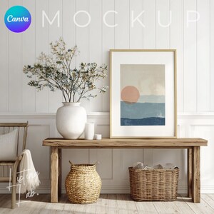 Coastal farmhouse frame mockup bundle for Canva with 25 rustic beach house wall art mockups featuring wood textures, woven baskets, blue accents, and coastal décor.