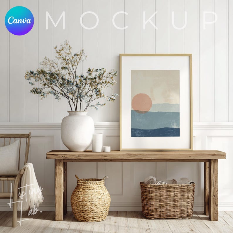 Coastal farmhouse frame mockup bundle for Canva with 25 rustic beach house wall art mockups featuring wood textures, woven baskets, blue accents, and coastal décor.