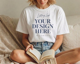 White Comfort Colors C1717 Mockup, Cozy Bookish Shirt Mockup, Model Reading Book T-shirt Mockup, Neutral Cottagecore Tee PNG