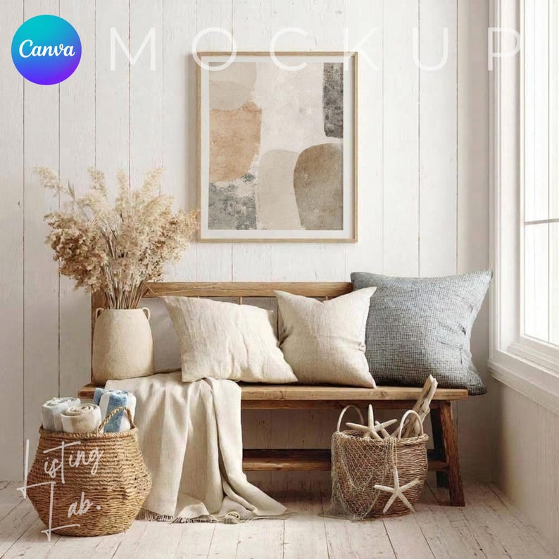 Coastal farmhouse frame mockup bundle for Canva with 25 rustic beach house wall art mockups featuring wood textures, woven baskets, blue accents, and coastal décor.