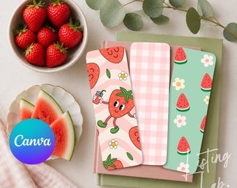 Bookmark Mockup Canva Template, Summer Bookmark Mockup, Printable Bookmark Design, Strawberry Watermelon Bookmark Mockup with 3 Bookmarks