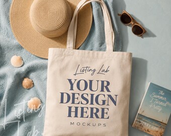 15x16 Beach Natural Tote bag Mockup, Summer Canvas Bag Mockup, Coastal Tote bag Flat Lay, PNG Tote Mockup