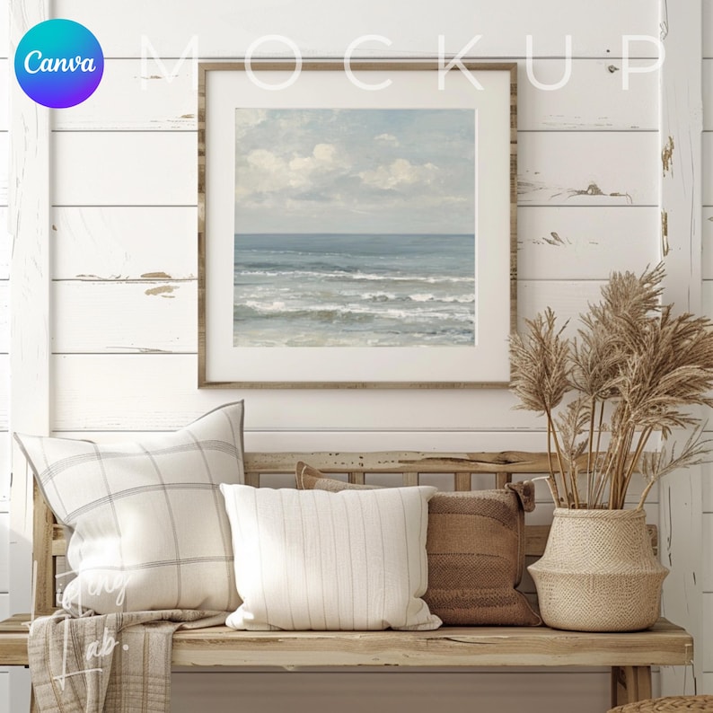 Coastal farmhouse frame mockup bundle for Canva with 25 rustic beach house wall art mockups featuring wood textures, woven baskets, blue accents, and coastal décor.