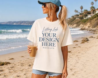 Comfort Colors 1717 Ivory Shirt Mockup, Beach Shirt Mockup for Women, Coastal T-Shirt Mockup, Vacation Shirt Mockup, Summer Mockup, PNG