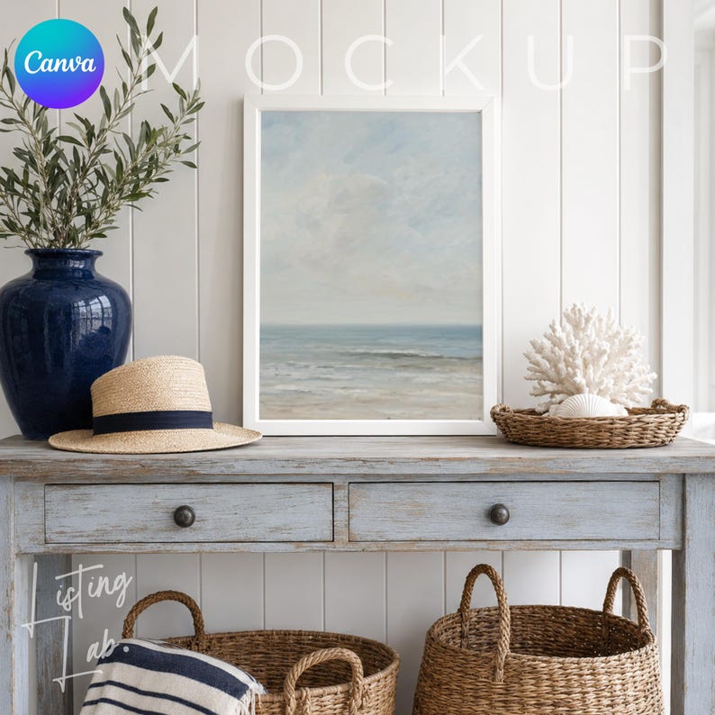 Coastal farmhouse frame mockup bundle for Canva with 25 rustic beach house wall art mockups featuring wood textures, woven baskets, blue accents, and coastal décor.