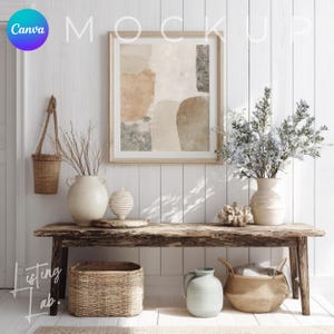 Coastal farmhouse frame mockup bundle for Canva with 25 rustic beach house wall art mockups featuring wood textures, woven baskets, blue accents, and coastal décor.