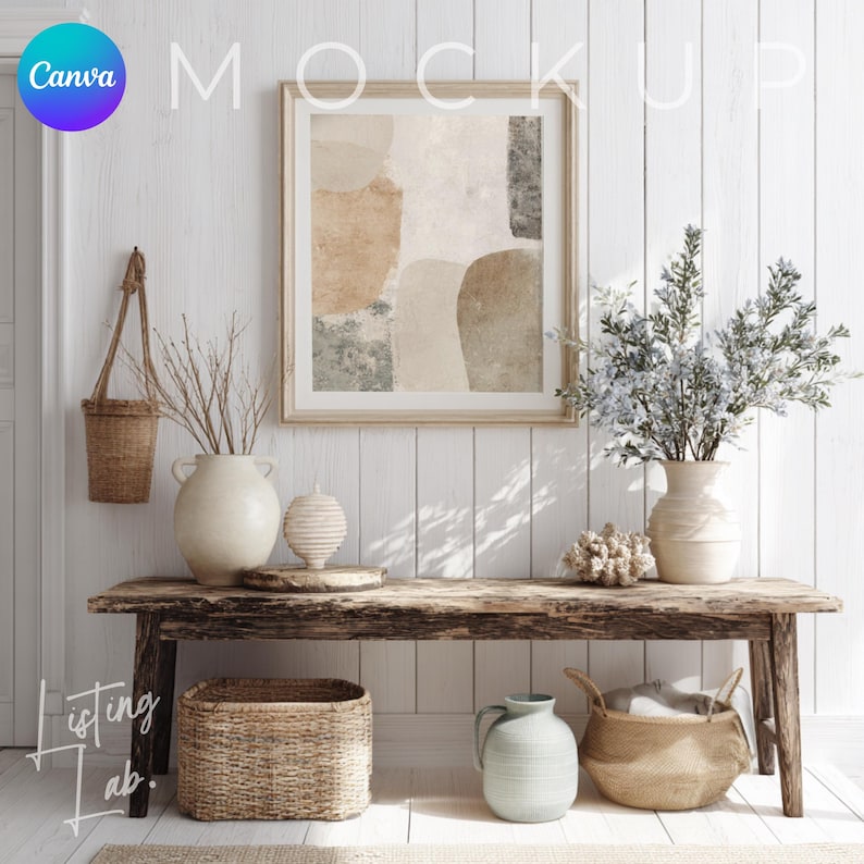 Coastal farmhouse frame mockup bundle for Canva with 25 rustic beach house wall art mockups featuring wood textures, woven baskets, blue accents, and coastal décor.