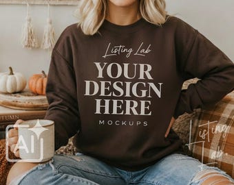 Gildan 18000 Dark Chocolate Sweatshirt Mockup, Cozy Fall Sweatshirt Mockup, Autumn Lifestyle PNG