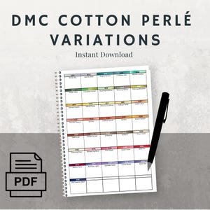 May include: A digital download chart titled "DMC Cotton Perlé Variations" with color swatches and a black pen. The chart includes a PDF icon and the words "Instant Download". The color swatches are arranged in a grid.