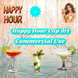 Happy Hour Clipart Bundle – Cocktails, Beer, Wine, Bar Signs & Drink Illustrations for Commercial Use, Transparent Background, 300 DPI, 7X7