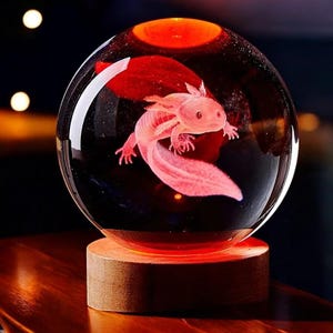May include: A glass sphere with a pink axolotl inside. The sphere is lit from the bottom with a red light, casting a warm glow on the axolotl. The sphere sits on a wooden base.