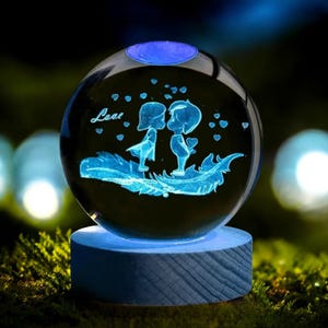 Veilleuse boule de cristal sculptée en 3D - Lampe LED colorée en verre, décoration d&#39;intérieur, cadeau sur le thème de l&#39;amour pour la chambre et le salon