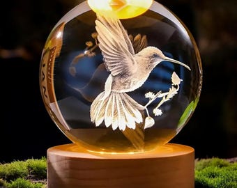 Hummingbird 3D Laser Engraved Crystal Ball With Color-changing
