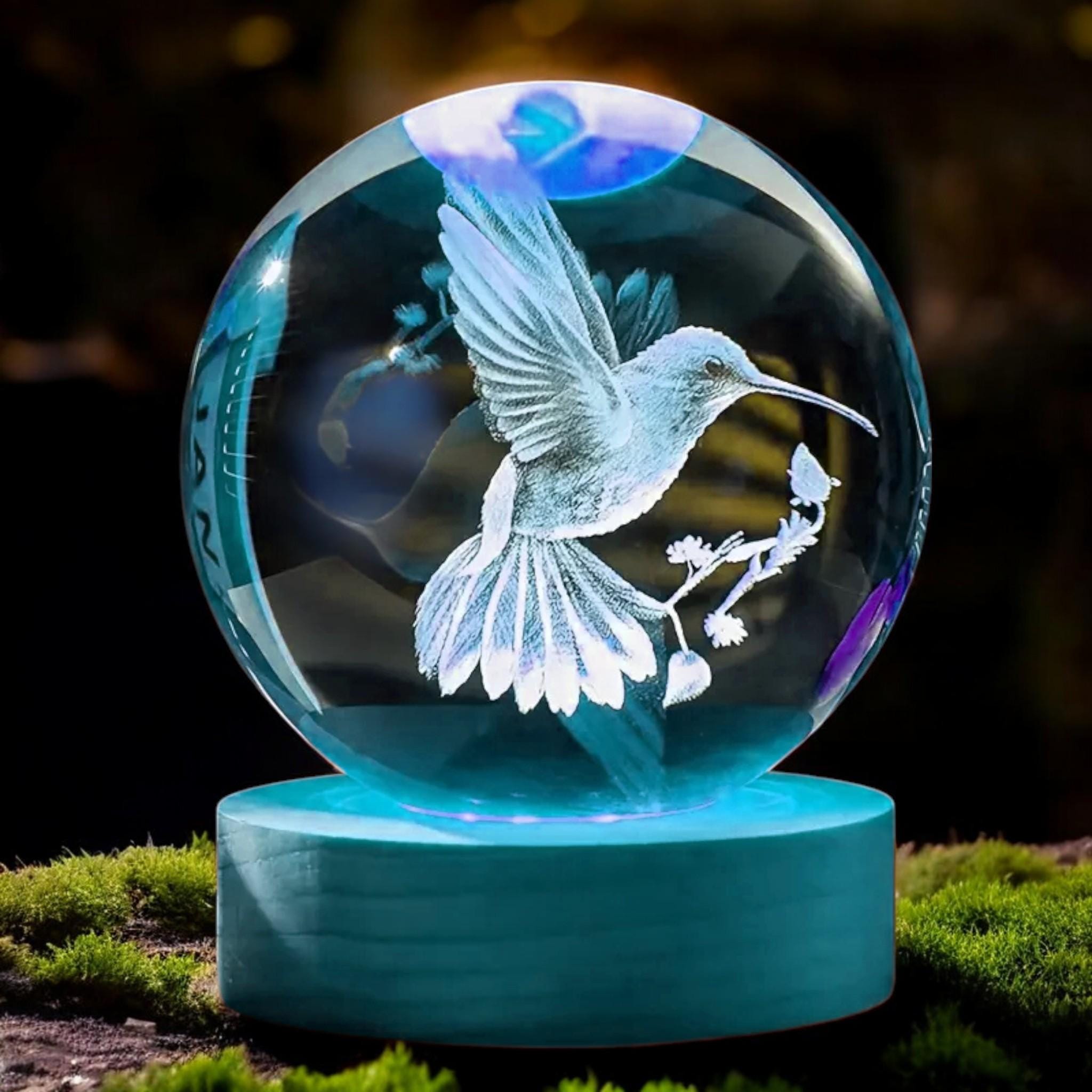 Hummingbird 3D Laser Engraved Crystal Ball With Color-changing
