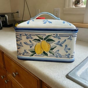 Vintage Hand Painted Ceramic Bread Box Blue Lemon Kitchen Canister Italian Tuscan Farmhouse Countertop Storage