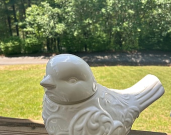 Pier 1 Imports White Ceramic Bird Cookie Jar – Embossed Songbird Kitchen Canister – Cottagecore Décor