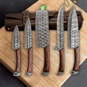 Hand-Forged Damascus Steel 5-Piece Kitchen Knife Set with Leather Sheath