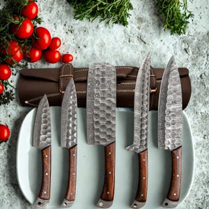 Hand Forged Damascus Steel Chef Set, Kitchen Chef Set | Chef Set, Handmade 5 Pieces Luxury Damascus Gift for him, Gifts for her