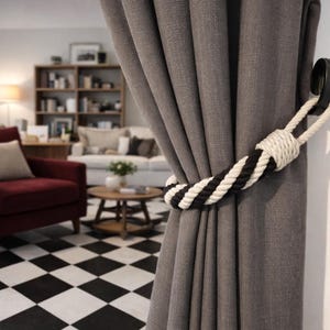Black and White Cotton Rope Curtain Tieback: 4-Rope Twist