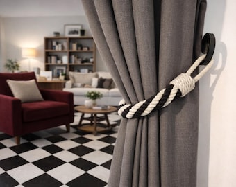 Black and White Cotton Rope Curtain Tieback: 4-Rope Twist