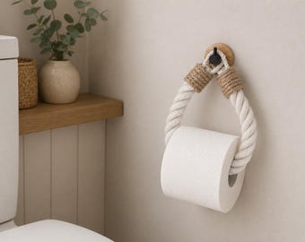 White Cotton Rope Toilet Paper Holder | Bamboo Base, Black Hook | Rustic Farmhouse Decor
