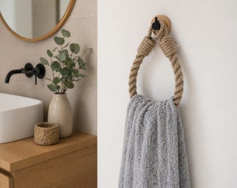 Handdoekhouder jute touw | Bamboe basis, zwarte haak, badkamerring zonder boren