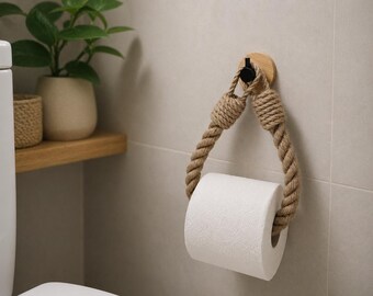 Soporte para papel higiénico de cuerda de yute hecho a mano / Base de bambú, gancho negro, decoración de baño sin necesidad de taladrar