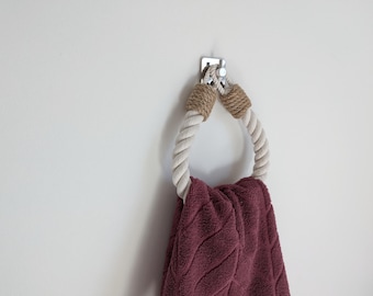 Towel Holder  – Minimalist Bathroom Decor – No Drill Adhesive Hook – Rope Wall Hanger with Chrome Hook – Boho Scandinavian Style