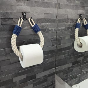 Porta carta igienica in corda - Stile nautico - Arredo bagno - Cotone bianco - Gancio in metallo (Argento cromato, Argento spazzolato, Oro, Nero, Bianco, Ottone)