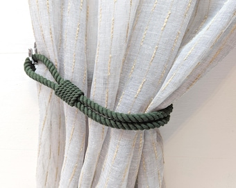 Curtain Holdback – Dark Green (Khaki) Cotton Rope Tieback for Natural & Rustic Interiors