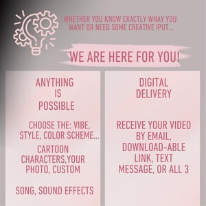 May include: A pink and white graphic with a lightbulb icon and the text "We are here for you!"  The graphic also includes the text "Anything is possible" and "Choose the: vibe, style, color scheme... Cartoon characters, your photo, custom Song, sound effects" on the left side. The right side of the graphic includes the text "Digital Delivery" and "Receive your video by email, download-able link, text message, or all 3".