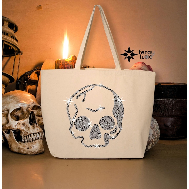 Rhinestone Skull Tote Bag for Women, Gothic Sparkly Halloween Shoulder Bag, Bling Cotton Canvas Tote for Skull Lovers