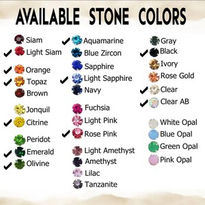 Puede incluir: Un gr&aacute;fico que muestra los colores de piedras disponibles para joyer&iacute;a. El gr&aacute;fico incluye una variedad de colores, incluyendo azul, verde, rojo, naranja, amarillo, morado y blanco. Los colores est&aacute;n dispuestos en filas y columnas, con cada color etiquetado con su nombre.