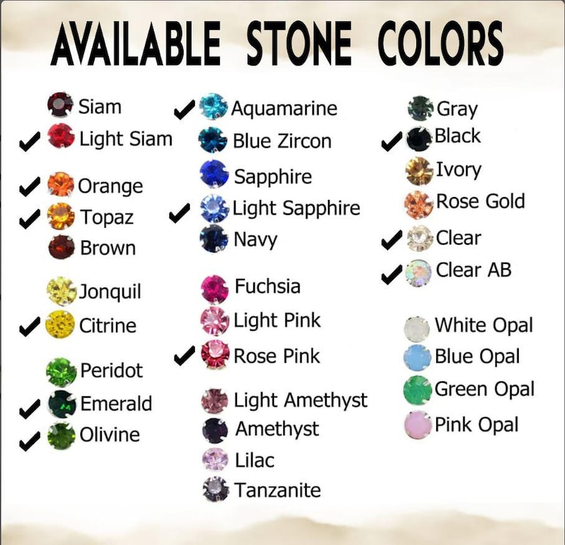 Puede incluir: Un gr&aacute;fico que muestra los colores de piedras disponibles para joyer&iacute;a. El gr&aacute;fico incluye una variedad de colores, incluyendo azul, verde, rojo, naranja, amarillo, morado y blanco. Los colores est&aacute;n dispuestos en filas y columnas, con cada color etiquetado con su nombre.