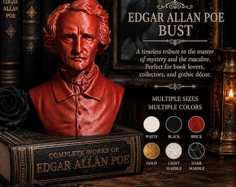 Edgar Allan Poe Bust Gothic 3D Printed Statue Dark Academia Decor Light Marble Sculpture Horror Gift Library Shelf Reading Nook Decor