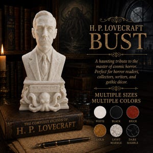 May include: A light-colored stone-textured bust of H.P. Lovecraft featuring a suit and tie, set upon a pedestal base adorned with a sculpted octopus. The base includes the engraved text H.P. LOVECRAFT. The image also displays text including H. P. LOVECRAFT BUST, A haunting tribute to the master of cosmic horror, and a color palette chart showing white, black, brick, gold, light marble, and dark marble options.