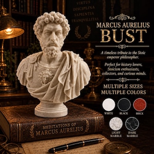 May include: A beige stone-textured bust of Marcus Aurelius featuring a curly-haired head, a full beard, and a draped toga with a small gorgon emblem on the chest. The bust rests on a thick, dark brown book titled Meditations of Marcus Aurelius.
