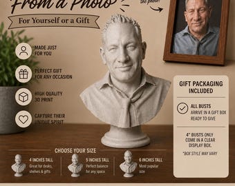Custom 3D Printed Bust Personalized Statue Photo Sculpture Memorial Gift Portrait Figurine Color and LED Lamp Options
