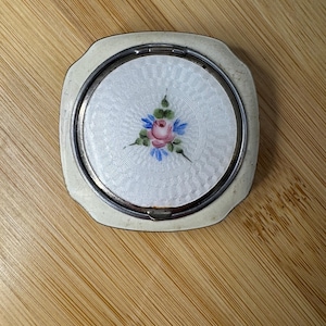 Art Deco White Mayfair Evans Guilloche Enamel Compact Mirror and Rouge