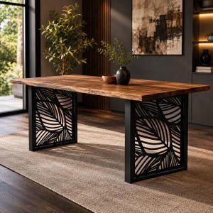 Può includere: Un tavolo da pranzo rettangolare con piano in legno a venature naturali e due gambe in metallo nero con motivo a foglie tagliato al laser. La superficie del tavolo è liscia con bordo naturale e la base è composta da due pannelli verticali.