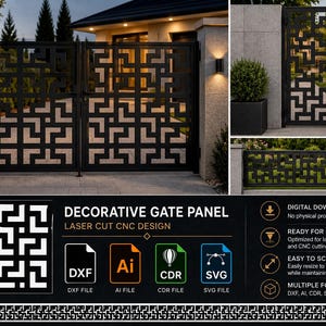 Peut inclure: Un fichier numérique pour un panneau de portail décoratif présentant un motif géométrique découpé au laser CNC. L'image montre le portail en métal noir installé dans un cadre résidentiel, avec des icônes pour les formats DXF, AI, CDR et SVG.