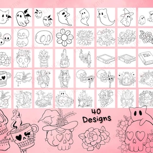 40 Procreate Spooky Cute Stamps | Cute Skulls, Ghosts & Flowers | Procreate Illustrations | Tattoo Designs | Procreate Digital Brush Pack