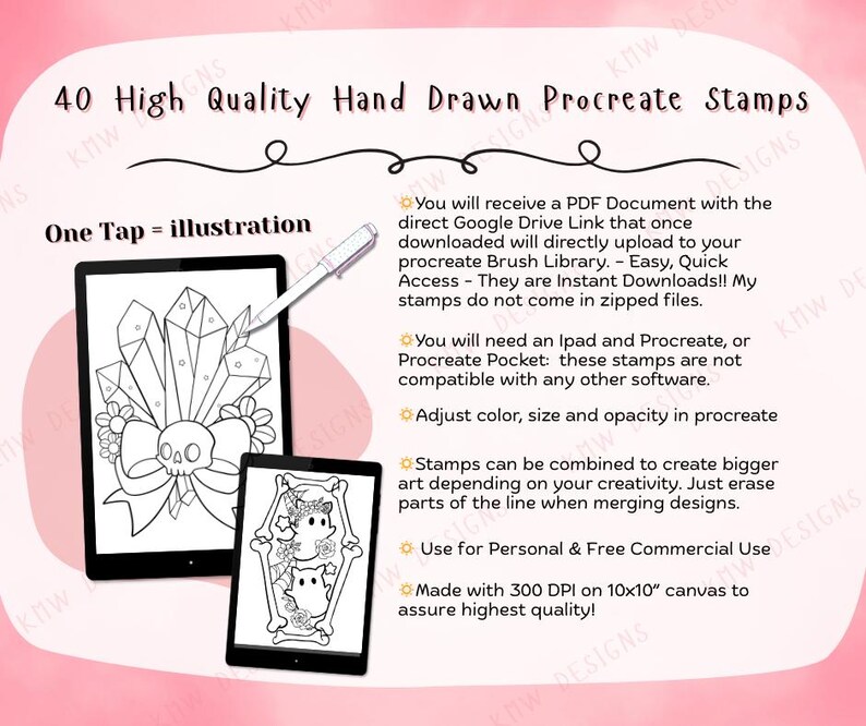 40 Procreate Spooky Cute Stamps | Cute Skulls, Ghosts & Flowers | Procreate Illustrations | Tattoo Designs | Procreate Digital Brush Pack