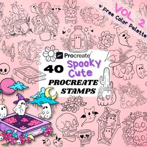 May include: A set of 40 "Spooky Cute" Procreate stamps in monochrome, showcasing ghosts, skulls, flowers, and Halloween-themed designs. Includes the text "VOL. 2 + Free Color Palette".