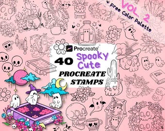 40 Procreate Spooky Cute Stamps | Cute Skulls, Ghosts & Flowers | Procreate Illustrations | Tattoo Designs | Procreate Digital Brush Pack