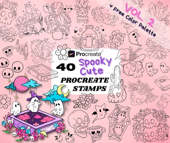 40 Procreate Spooky Cute Stamps | Cute Skulls, Ghosts & Flowers | Procreate Illustrations | Tattoo Designs | Procreate Digital Brush Pack