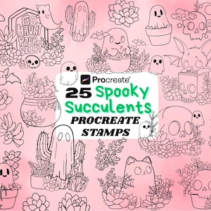 May include: Black and white line art illustrations of Halloween-themed succulents, ghosts, skulls, bats, and a cat. The text reads "25 Spooky Succulents Procreate Stamps" on a pink background.
