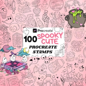 Pode incluir: Uma coleção digital de 100 carimbos Procreate com ilustrações de linhas assustadoras e fofas, incluindo fantasmas, caveiras, caldeirões, poções e itens mágicos em um fundo rosa claro com o texto 100 SPOOKY CUTE PROCREATE STAMPS.