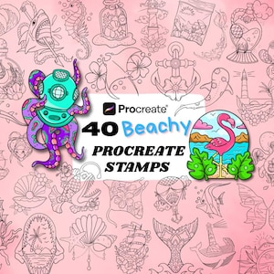 May include: A collection of 40 "Beachy" Procreate stamps, featuring line art illustrations of nautical and marine life themes. Includes images of an octopus, flamingo, seahorse, and lighthouse, set against a pink background.